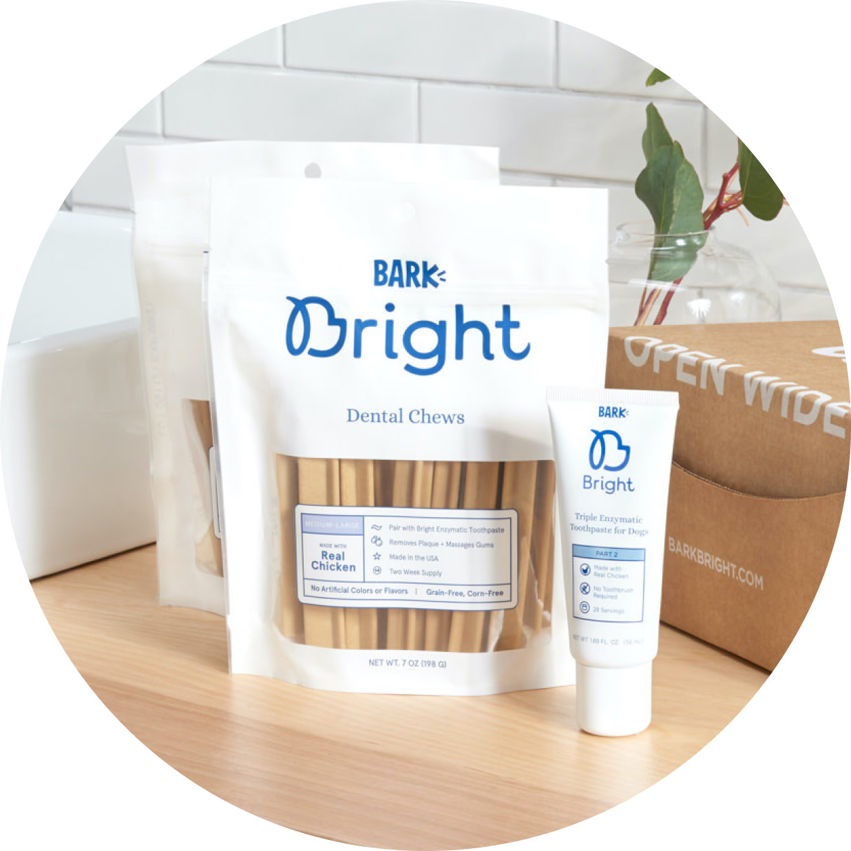 Bright Dental chews package and toothpaste