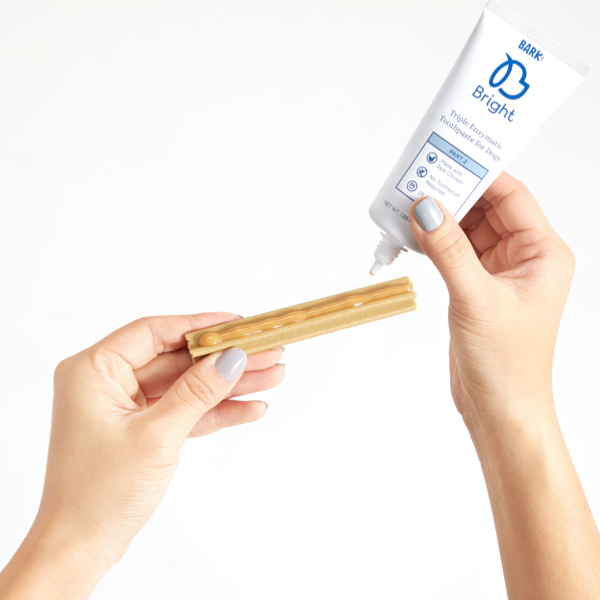 bark bright toothpaste being applied to dental chew
