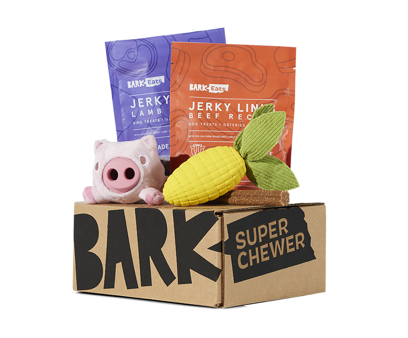 Super Chewer Box showing 2 bags of treats, 2 toys, and chews