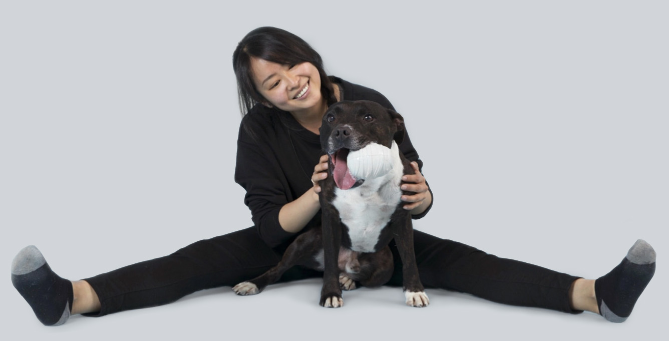 Person with dog holding Super Chewer toy in their mouth